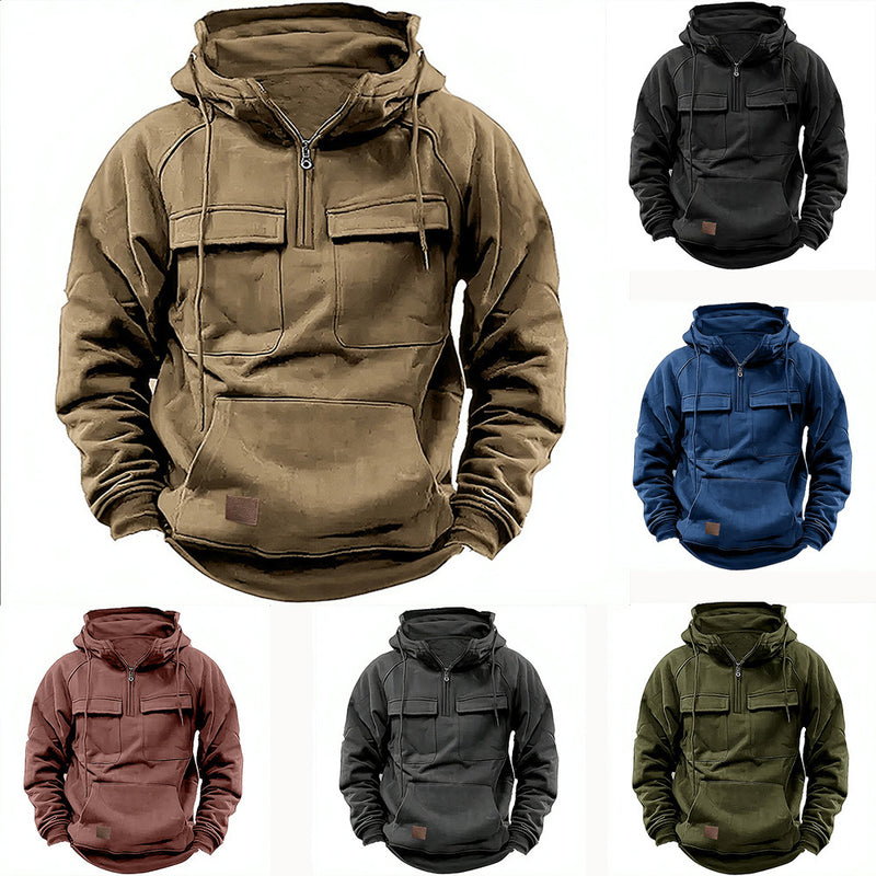 Veste pull en cuir multi-poches à capuche de couleur unie pour hommes