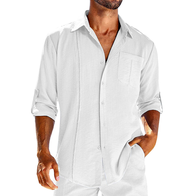Casual  Long Sleeve Shirt With Pocket Lace Polo Collar Solid Color Button Mens Clothing