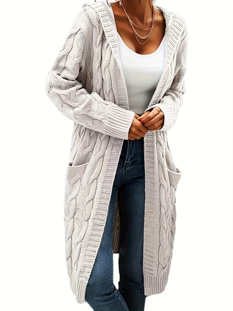 Chic Solid Cable Knit Hooded Cardigan - Cozy Long Sleeve with Practical Pockets, Mid-Length Womens Sweater for Casual Style