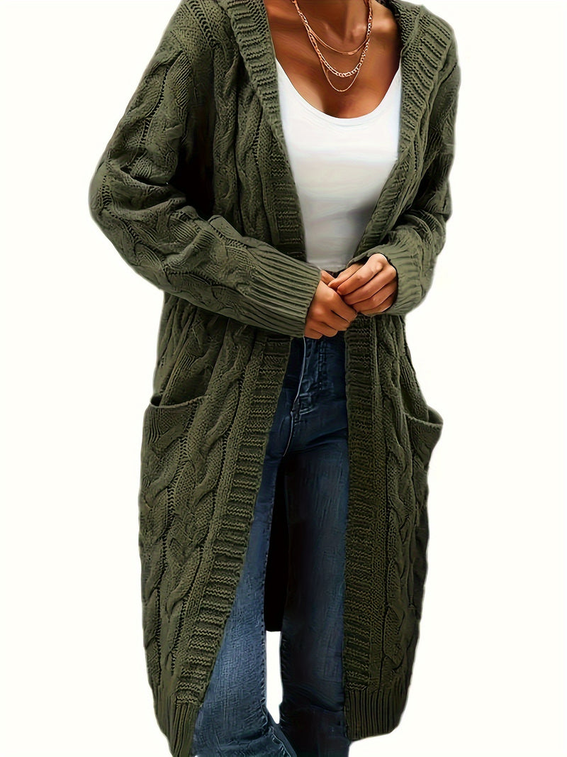 Chic Solid Cable Knit Hooded Cardigan - Cozy Long Sleeve with Practical Pockets, Mid-Length Womens Sweater for Casual Style