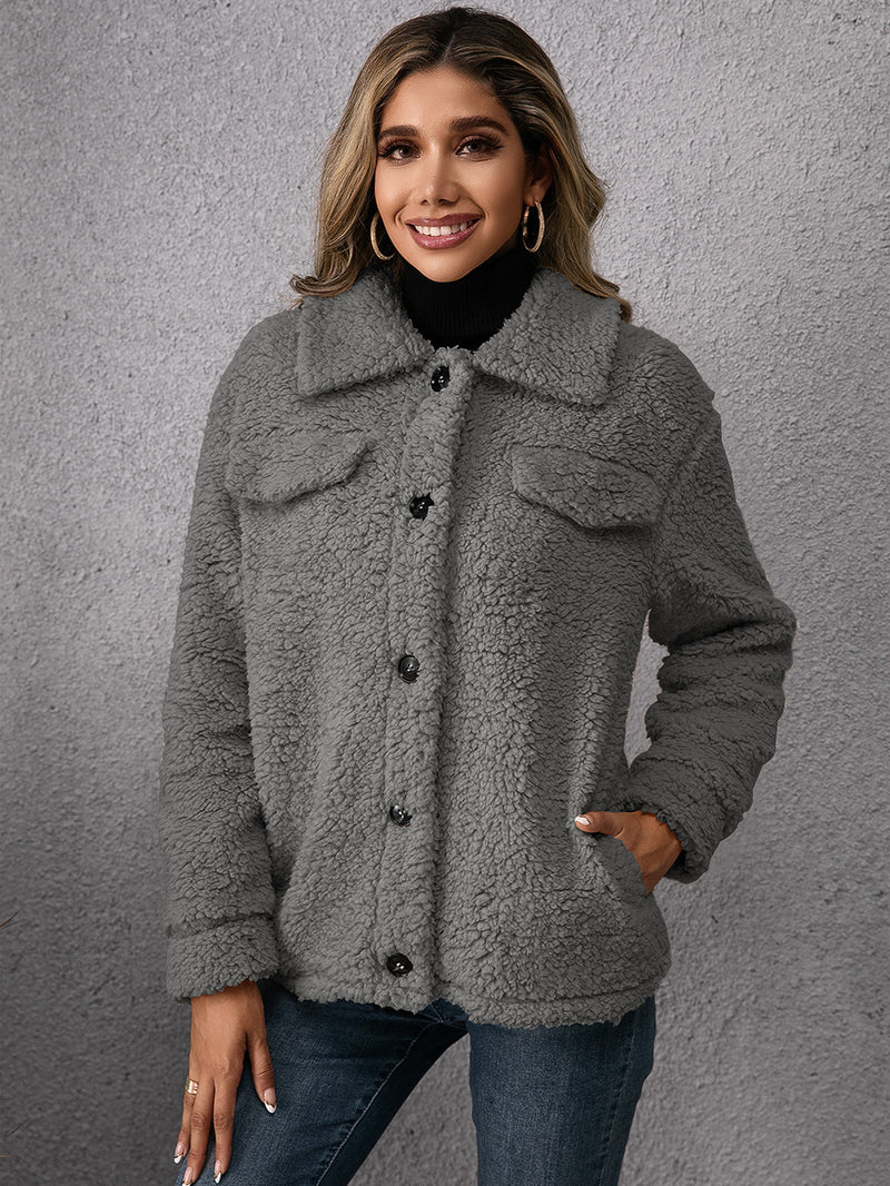 Lapel Single-breasted Fleece Coat Winter Warm Button Pocket Short Jacket Top Women Clothing