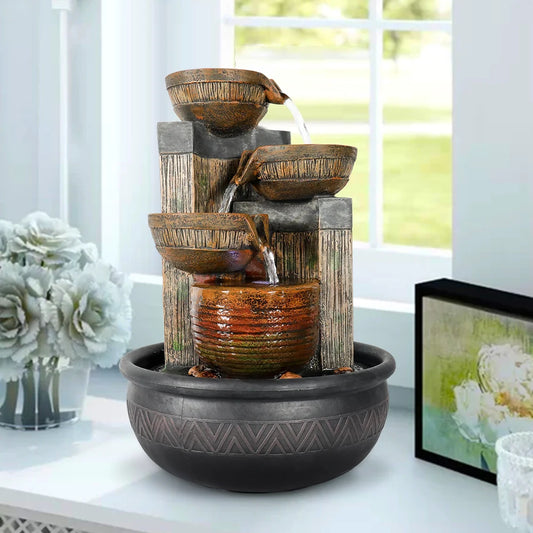 15.7" 4-Tier Indoor Tabletop Waterfall Fountain with LED Lights - Relaxing Home Decoration, Brown