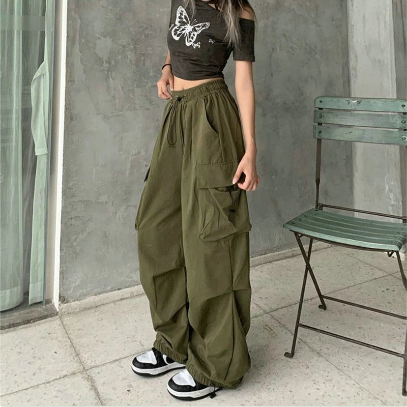 Women Casual Cargo Pant Solid Low Waist Drawstring Big Pockets Wide Leg Baggy Trousers Female