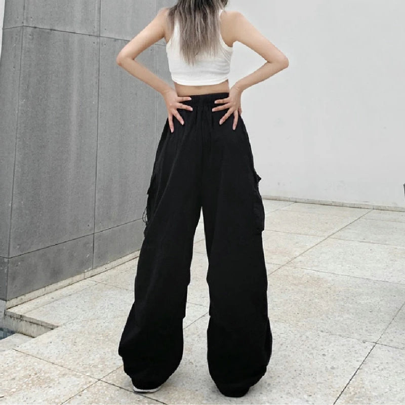 Women Casual Cargo Pant Solid Low Waist Drawstring Big Pockets Wide Leg Baggy Trousers Female