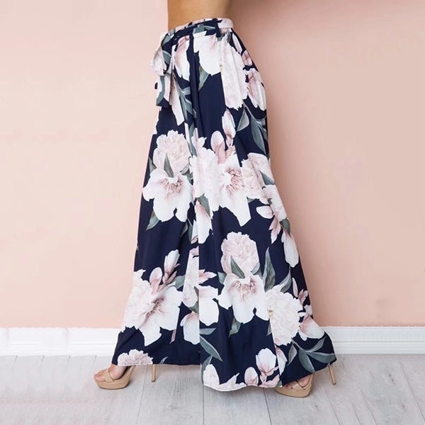 Casual Womens Loose Pants Y2K Floral Printed Palazzo Pants High Waist Lace Up Wide Leg Casual Female Long Trousers Boho Trousers