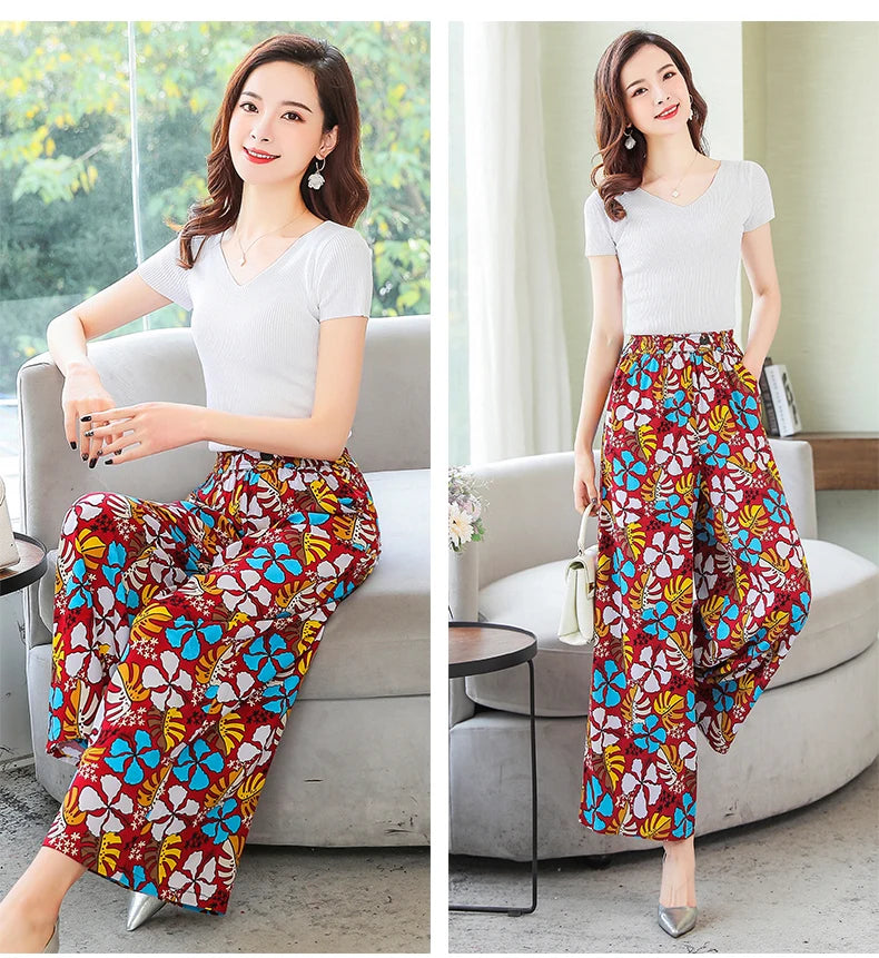 Summer Wide Leg Pants Women Loose High Waist Beach Ankle-Length Trousers Summer Casual Retro Print Plaid Pants