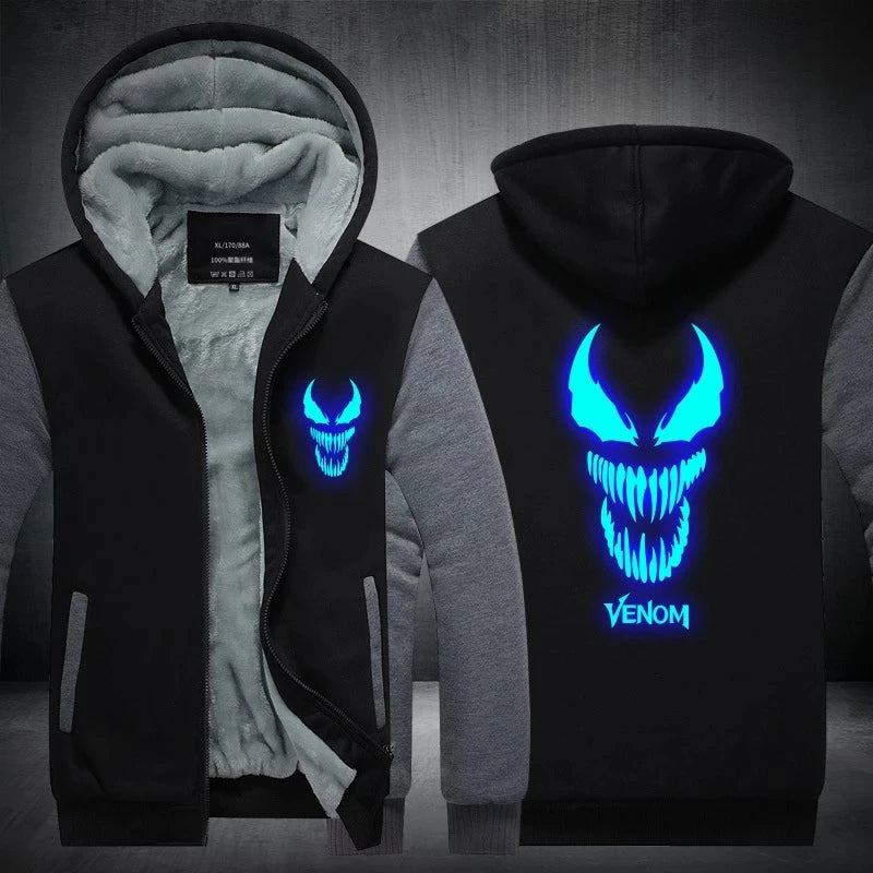 Venom Cosplay Costume Luminous Sweatshirt Sportswear Streetwear Hoodie Hooded Men Thicken Zipper Tracksuit Winter Coat Jacket