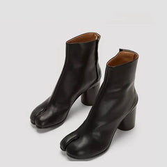 Luxury Design Leather Tabi Boots for Women - Iconic Split Toe Ankle Boots with Round Chunky High Heel | Autumn Winter Fashion Statement Shoes, Black