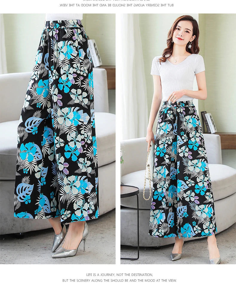 Summer Wide Leg Pants Women Loose High Waist Beach Ankle-Length Trousers Summer Casual Retro Print Plaid Pants