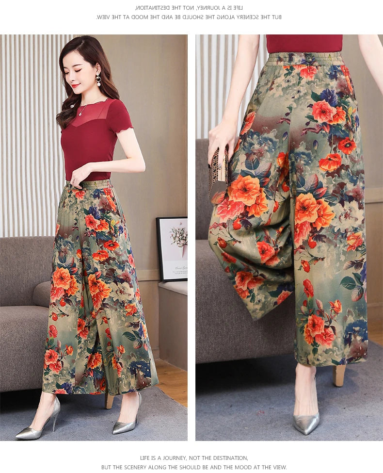 Summer Wide Leg Pants Women Loose High Waist Beach Ankle-Length Trousers Summer Casual Retro Print Plaid Pants