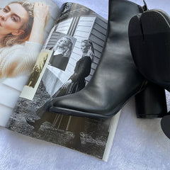 Luxury Design Leather Tabi Boots for Women - Iconic Split Toe Ankle Boots with Round Chunky High Heel | Autumn Winter Fashion Statement Shoes, Black