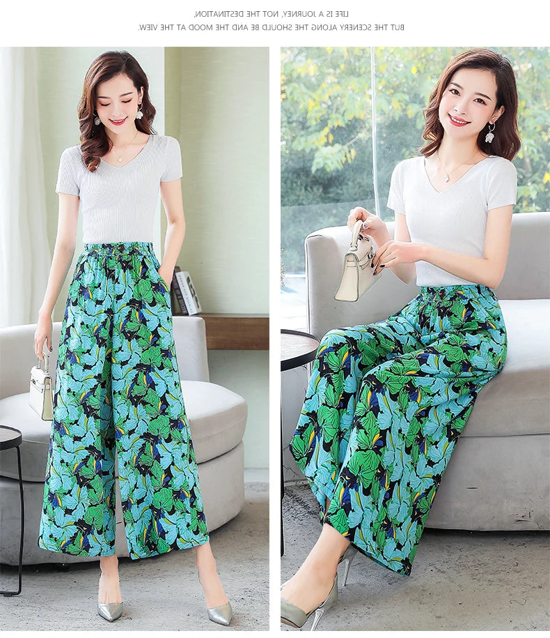 Summer Wide Leg Pants Women Loose High Waist Beach Ankle-Length Trousers Summer Casual Retro Print Plaid Pants