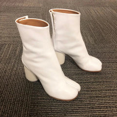 Luxury Design Leather Tabi Boots for Women - Iconic Split Toe Ankle Boots with Round Chunky High Heel | Autumn Winter Fashion Statement Shoes, Black