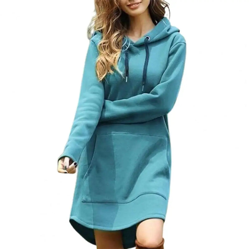 Hooded Hoodie Women Dresses 2021 Autumn Winter Solid Color Drawstring Large Pocket Irregular Hem Hooded Dress