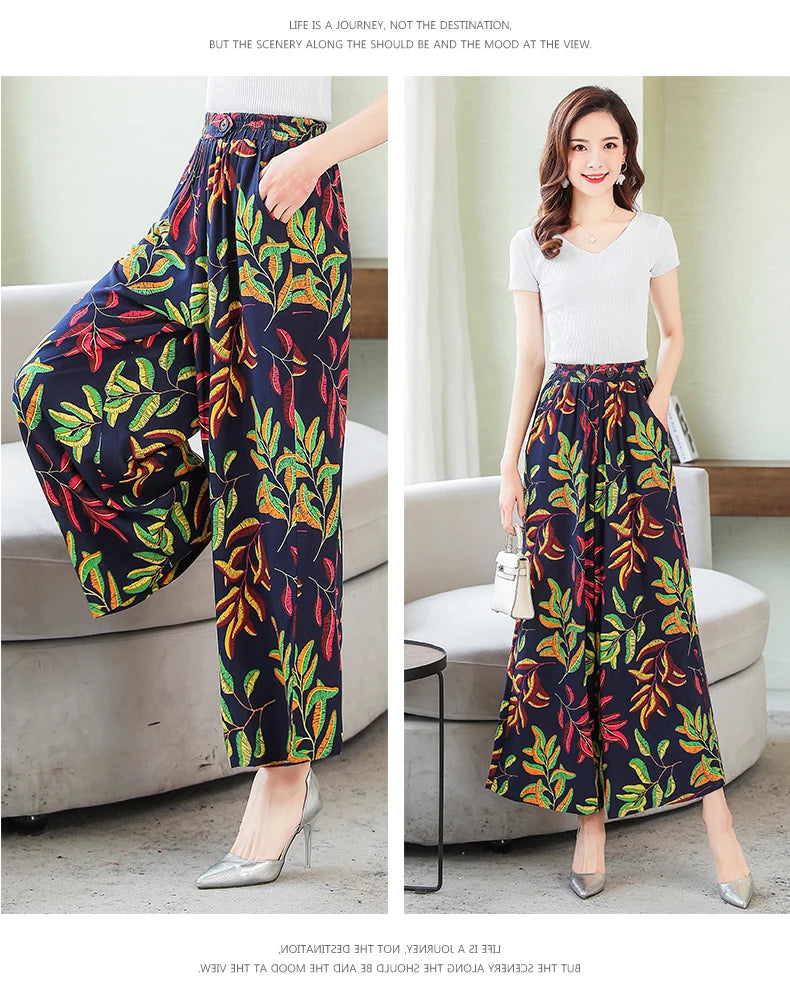 Summer Wide Leg Pants Women Loose High Waist Beach Ankle-Length Trousers Summer Casual Retro Print Plaid Pants