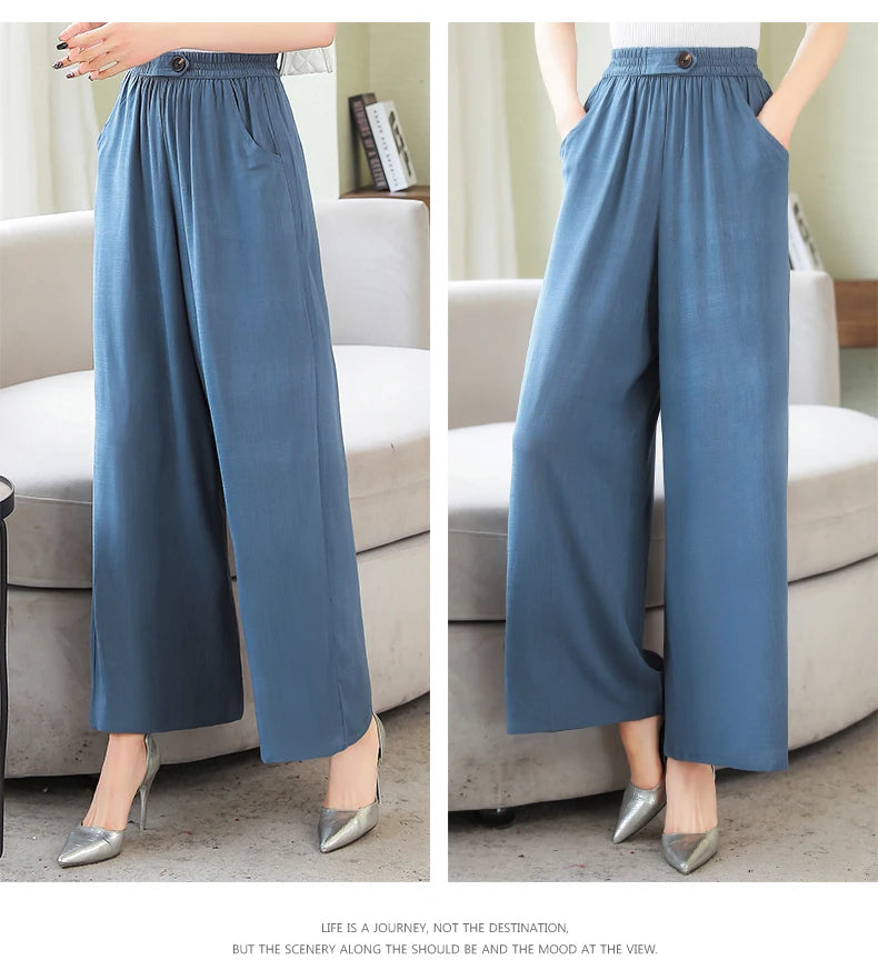 Summer Wide Leg Pants Women Loose High Waist Beach Ankle-Length Trousers Summer Casual Retro Print Plaid Pants