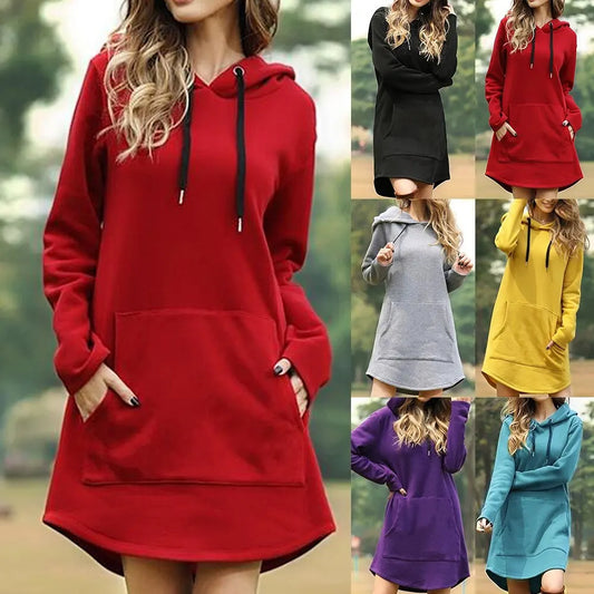 Women Autumn Dresses Casual Pocket Long Sleeve Hooded Sweatshirts Loose Oversized Pullover Hoodie Bodycon Dress Robe