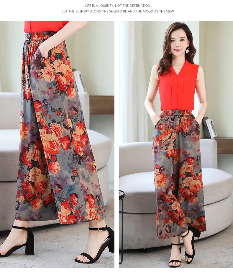 Summer Wide Leg Pants Women Loose High Waist Beach Ankle-Length Trousers Summer Casual Retro Print Plaid Pants