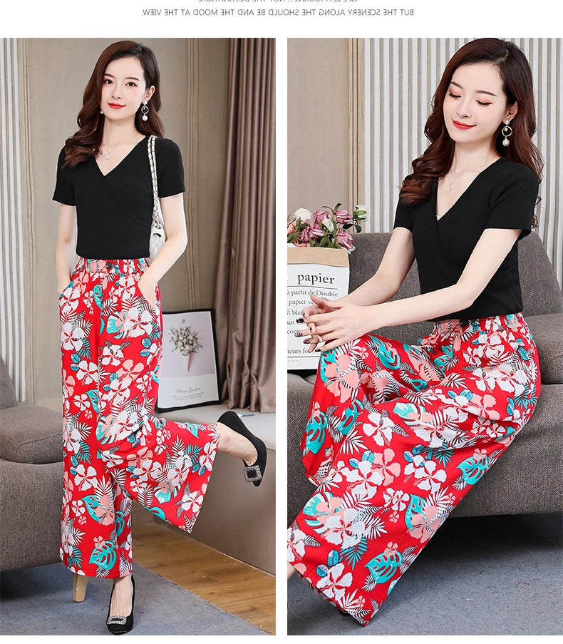 Summer Wide Leg Pants Women Loose High Waist Beach Ankle-Length Trousers Summer Casual Retro Print Plaid Pants