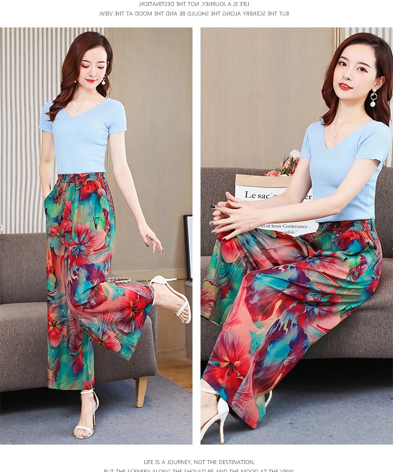 Summer Wide Leg Pants Women Loose High Waist Beach Ankle-Length Trousers Summer Casual Retro Print Plaid Pants