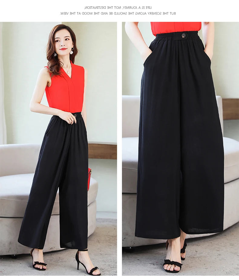 Summer Wide Leg Pants Women Loose High Waist Beach Ankle-Length Trousers Summer Casual Retro Print Plaid Pants