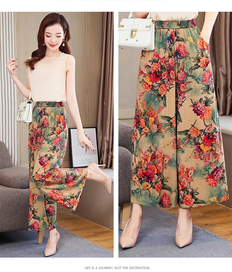 Summer Wide Leg Pants Women Loose High Waist Beach Ankle-Length Trousers Summer Casual Retro Print Plaid Pants