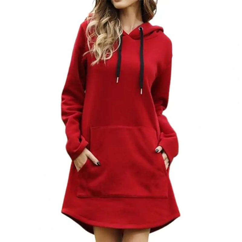 Hooded Hoodie Women Dresses 2021 Autumn Winter Solid Color Drawstring Large Pocket Irregular Hem Hooded Dress