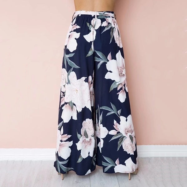 Casual Womens Loose Pants Y2K Floral Printed Palazzo Pants High Waist Lace Up Wide Leg Casual Female Long Trousers Boho Trousers