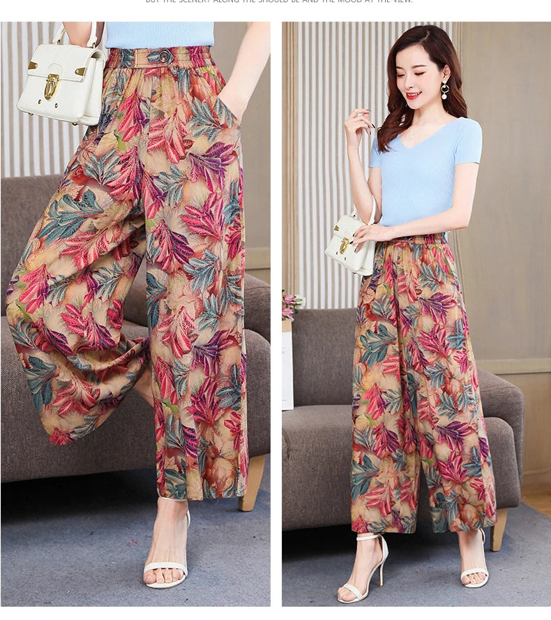 Summer Wide Leg Pants Women Loose High Waist Beach Ankle-Length Trousers Summer Casual Retro Print Plaid Pants