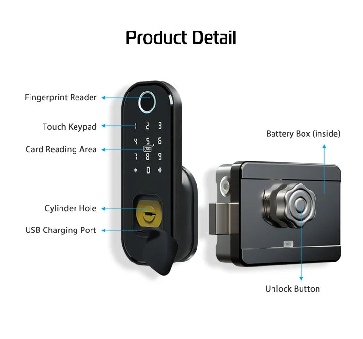 Fingerprint Waterproof Outdoor Garden Lock Remote Control TTLock App Code Keyless Smart Door Lock Electric Rim Lock and Gateway