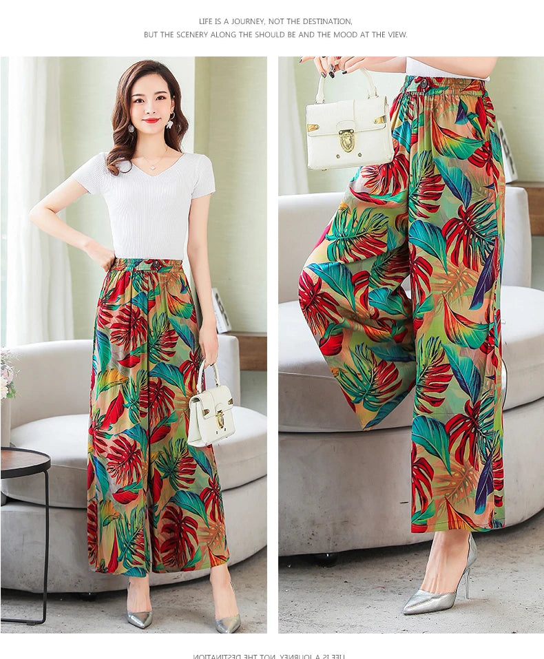 Summer Wide Leg Pants Women Loose High Waist Beach Ankle-Length Trousers Summer Casual Retro Print Plaid Pants