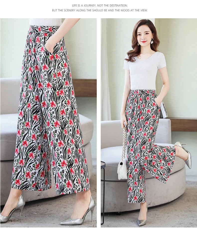 Summer Wide Leg Pants Women Loose High Waist Beach Ankle-Length Trousers Summer Casual Retro Print Plaid Pants