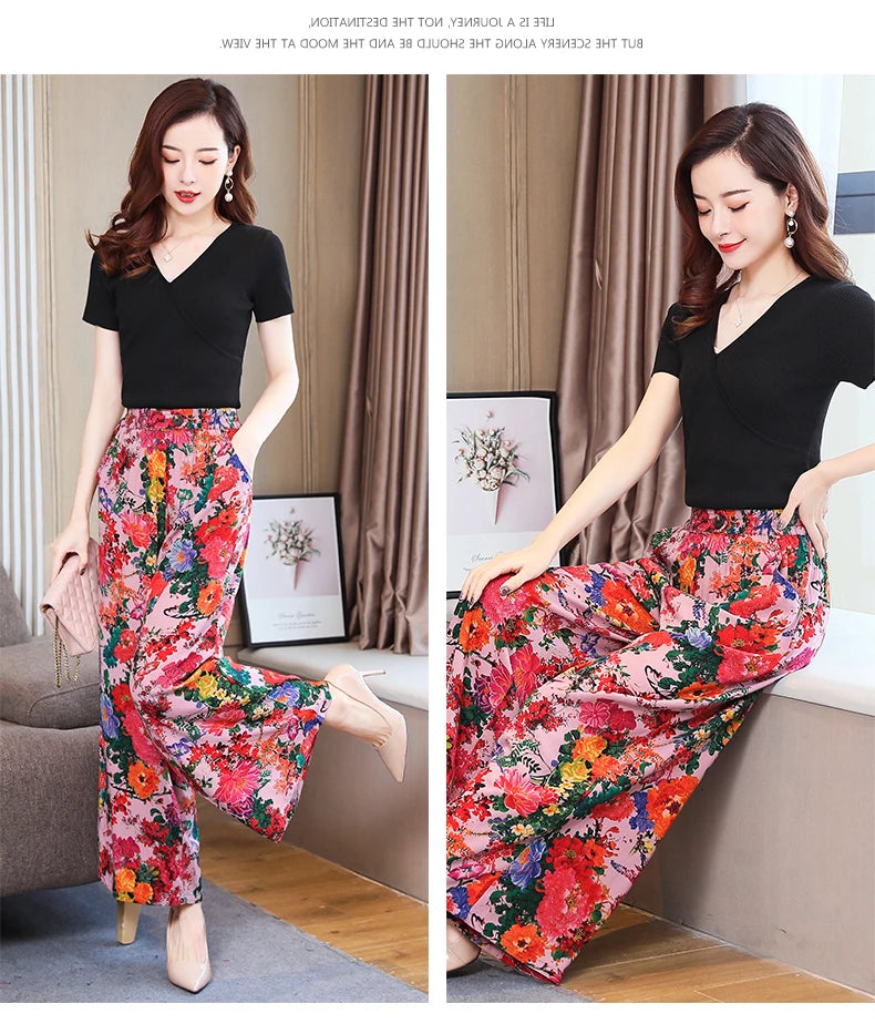 Summer Wide Leg Pants Women Loose High Waist Beach Ankle-Length Trousers Summer Casual Retro Print Plaid Pants