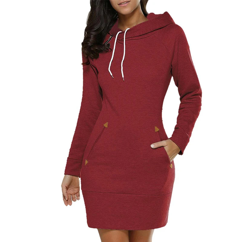 Women‘s Knee-Length Pockets Dress Hooded Warm Sweat Shirt Long Sleeve Side Zip Neckline Simple Casual Sports Skirt