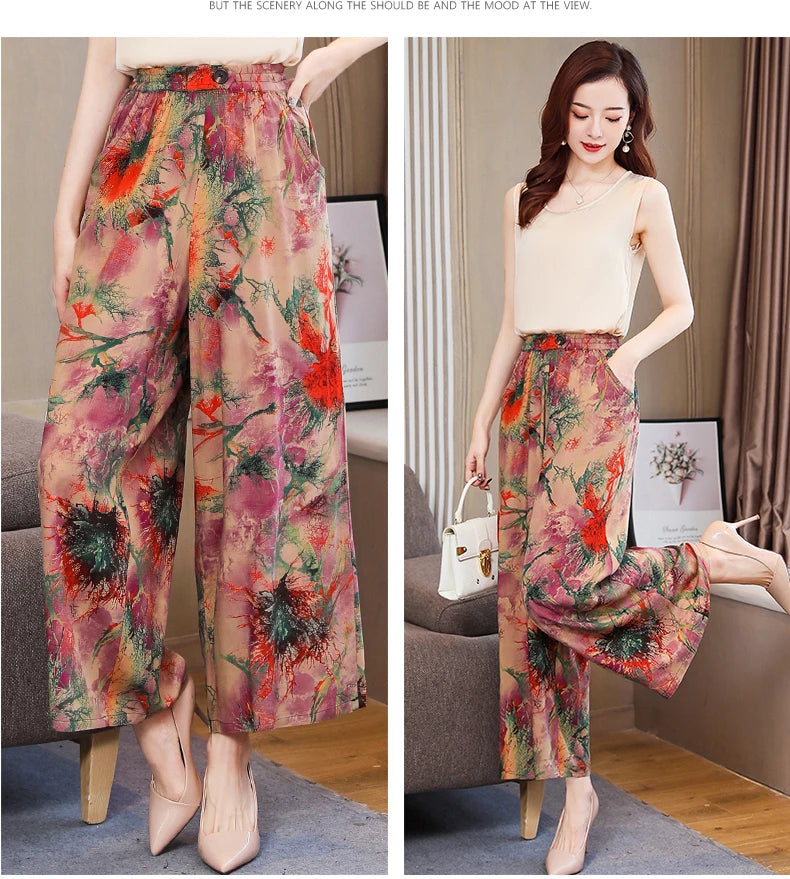 Summer Wide Leg Pants Women Loose High Waist Beach Ankle-Length Trousers Summer Casual Retro Print Plaid Pants