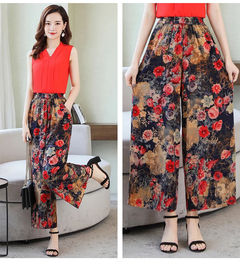 Summer Wide Leg Pants Women Loose High Waist Beach Ankle-Length Trousers Summer Casual Retro Print Plaid Pants