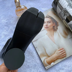 Luxury Design Leather Tabi Boots for Women - Iconic Split Toe Ankle Boots with Round Chunky High Heel | Autumn Winter Fashion Statement Shoes, Black