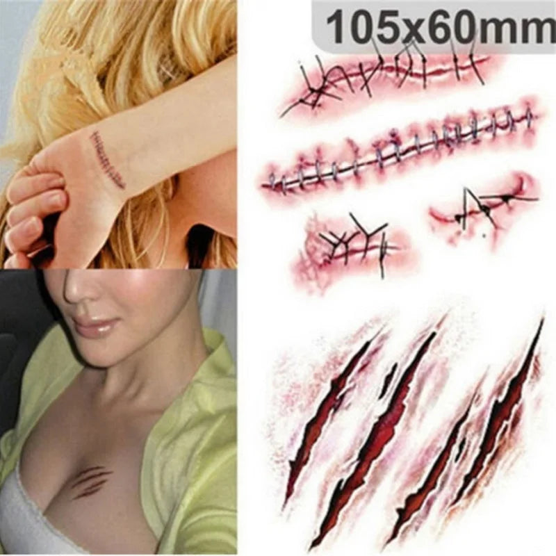 3Pcs/set Waterproof Tattoo Sticker Halloween Zombie Scar Tattoos Fake Scars Bloody Costume Makeup Halloween Decoration