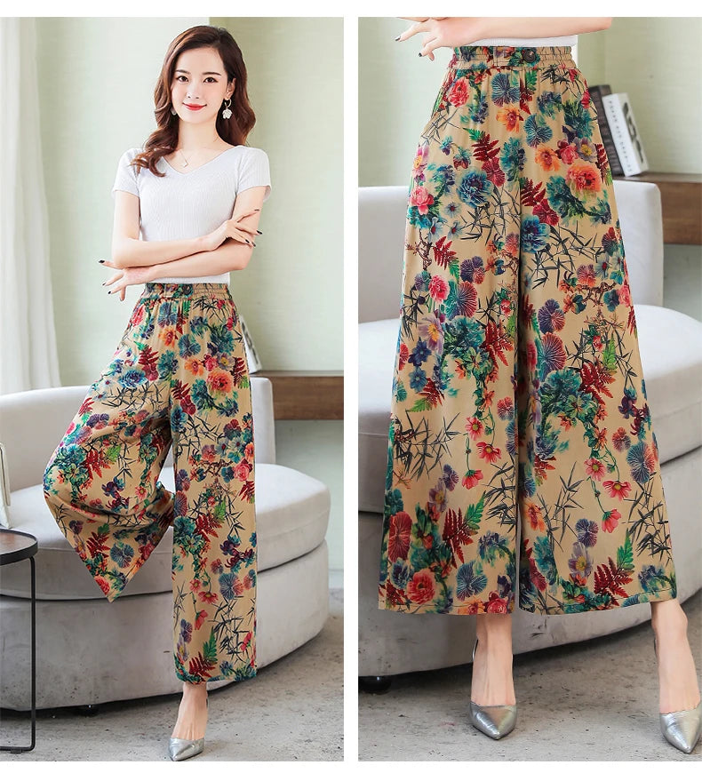 Summer Wide Leg Pants Women Loose High Waist Beach Ankle-Length Trousers Summer Casual Retro Print Plaid Pants