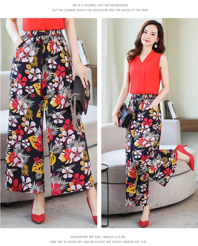 Summer Wide Leg Pants Women Loose High Waist Beach Ankle-Length Trousers Summer Casual Retro Print Plaid Pants