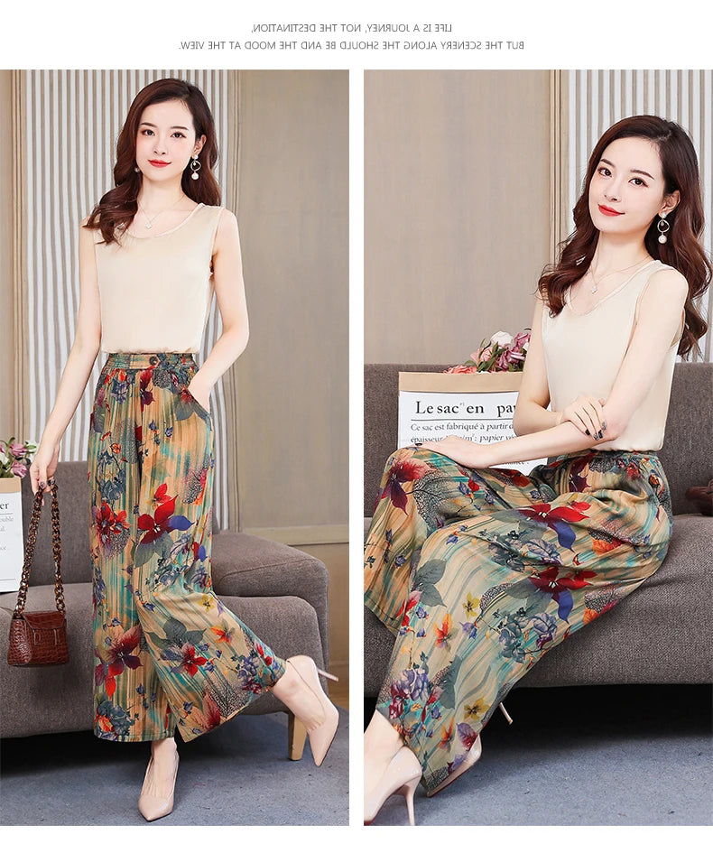 Summer Wide Leg Pants Women Loose High Waist Beach Ankle-Length Trousers Summer Casual Retro Print Plaid Pants