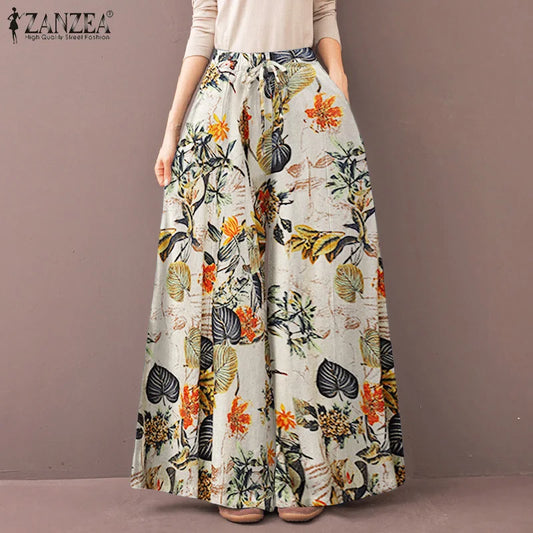 Women's Wide Leg Trousers ZANZEA Kaftan Printed Pants Elastic Waist Long Pantalon Palazzo Casual Floral Turnip Oversized