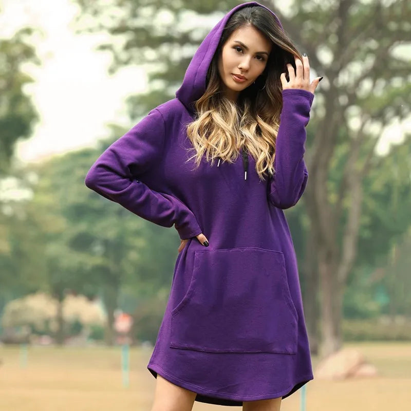 Women Autumn Dresses Casual Pocket Long Sleeve Hooded Sweatshirts Loose Oversized Pullover Hoodie Bodycon Dress Robe