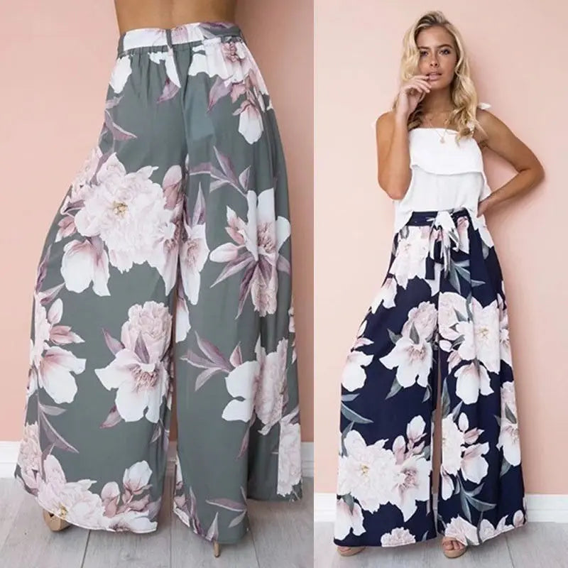 Casual Womens Loose Pants Y2K Floral Printed Palazzo Pants High Waist Lace Up Wide Leg Casual Female Long Trousers Boho Trousers