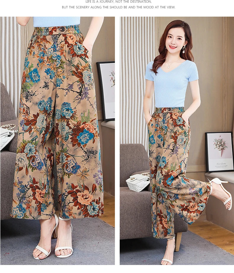 Summer Wide Leg Pants Women Loose High Waist Beach Ankle-Length Trousers Summer Casual Retro Print Plaid Pants