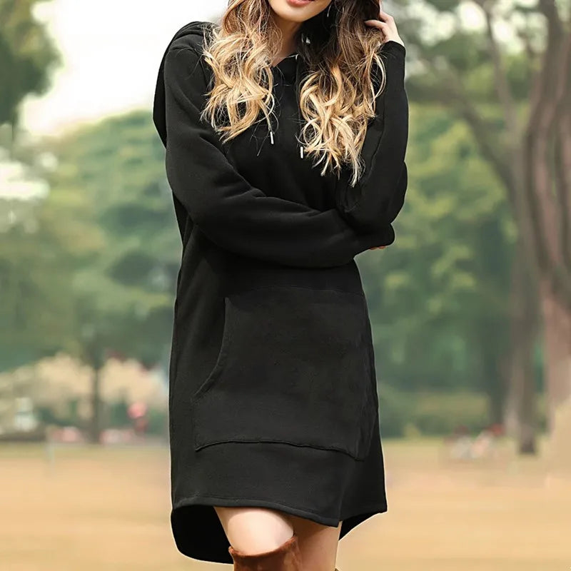 Women Autumn Dresses Casual Pocket Long Sleeve Hooded Sweatshirts Loose Oversized Pullover Hoodie Bodycon Dress Robe