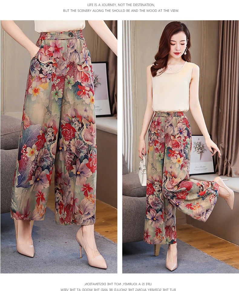 Summer Wide Leg Pants Women Loose High Waist Beach Ankle-Length Trousers Summer Casual Retro Print Plaid Pants