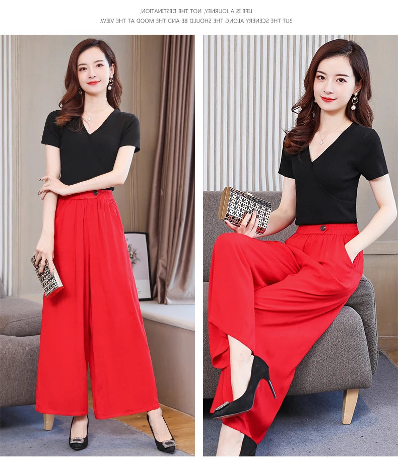 Summer Wide Leg Pants Women Loose High Waist Beach Ankle-Length Trousers Summer Casual Retro Print Plaid Pants