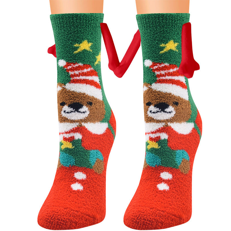 Christmas Supplies Magnetic Suction Hand In Hand Couple Socks Coral Fleece Tube Socks Warm Slipper Bed Socks Winter Soft Warm Slipper