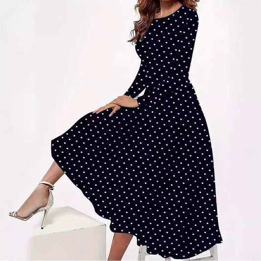Elegant Polka Dot Long Sleeve Pocket Dress | European & American Style Round Neck Dress for Women